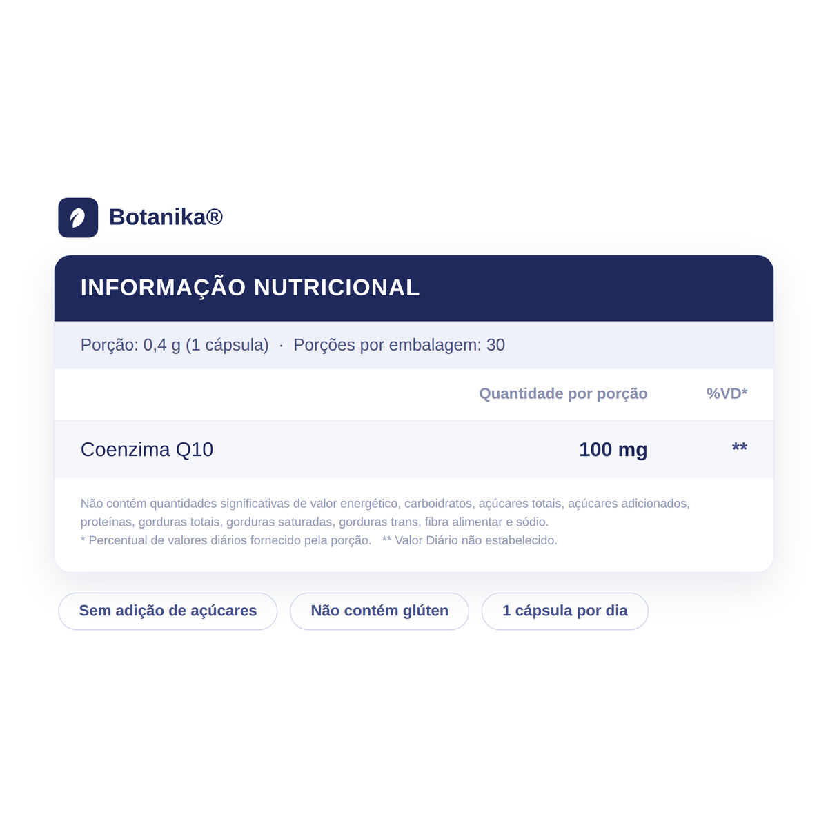 Coenzima Q10 Botanika — informação nutricional: coenzima Q10 100 mg por porção