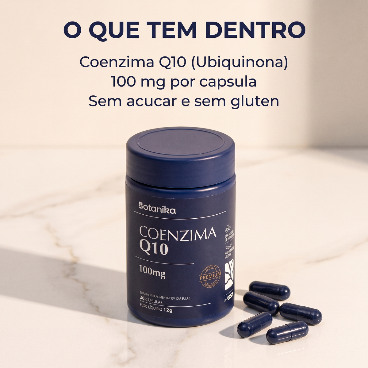 Coenzima Q10 Botanika — o que tem dentro: 100 mg por cápsula, sem açúcar e sem glúten