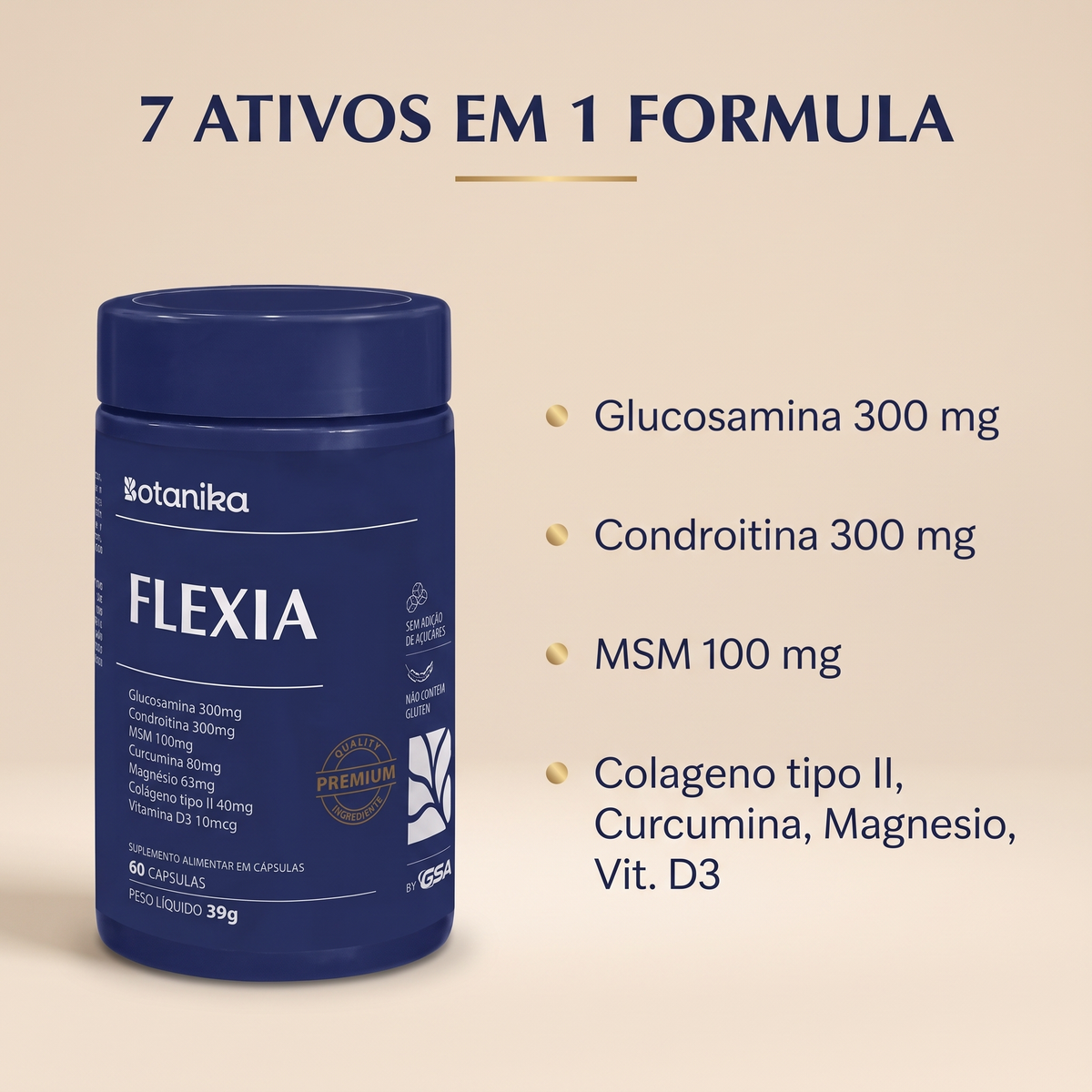 Flexia Botanika — 7 ativos em 1 fórmula: glucosamina 300 mg, condroitina 300 mg e mais