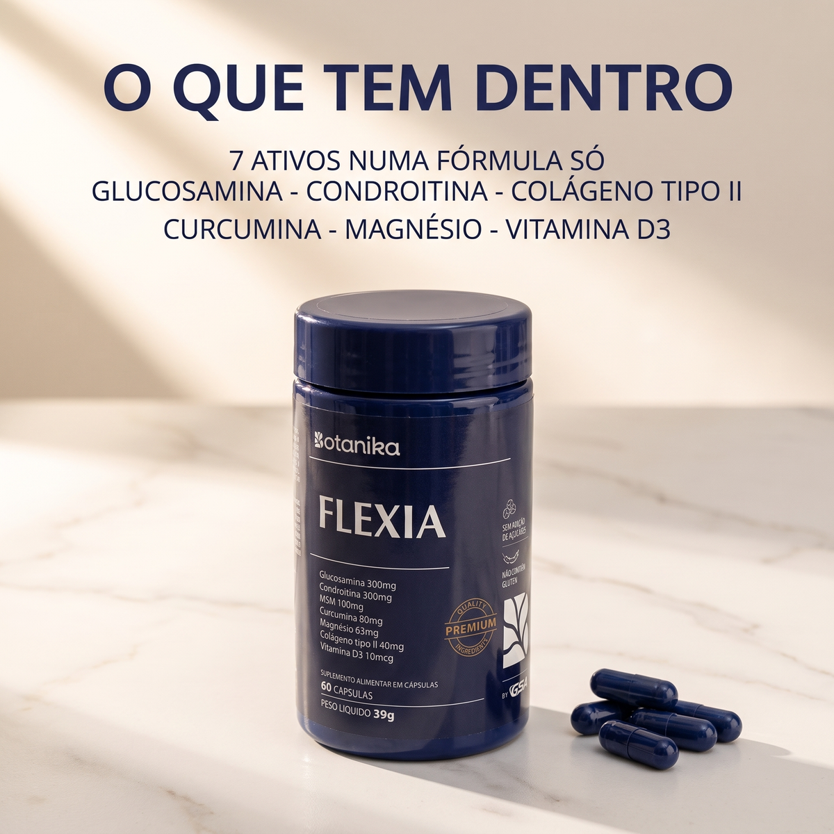 Flexia Botanika — o que tem dentro: 7 ativos (glucosamina, condroitina, colágeno tipo II e mais)