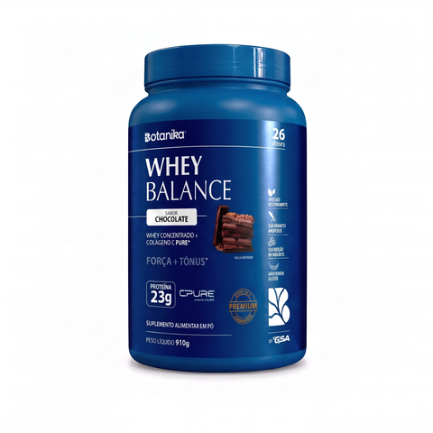 Whey Balance 910 g Chocolate — pote família, packshot fundo branco