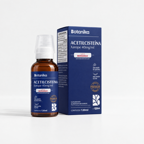 Acetilcisteína Xarope Botanika — frasco e caixa, 40 mg/ml, sabor morango, 120 ml