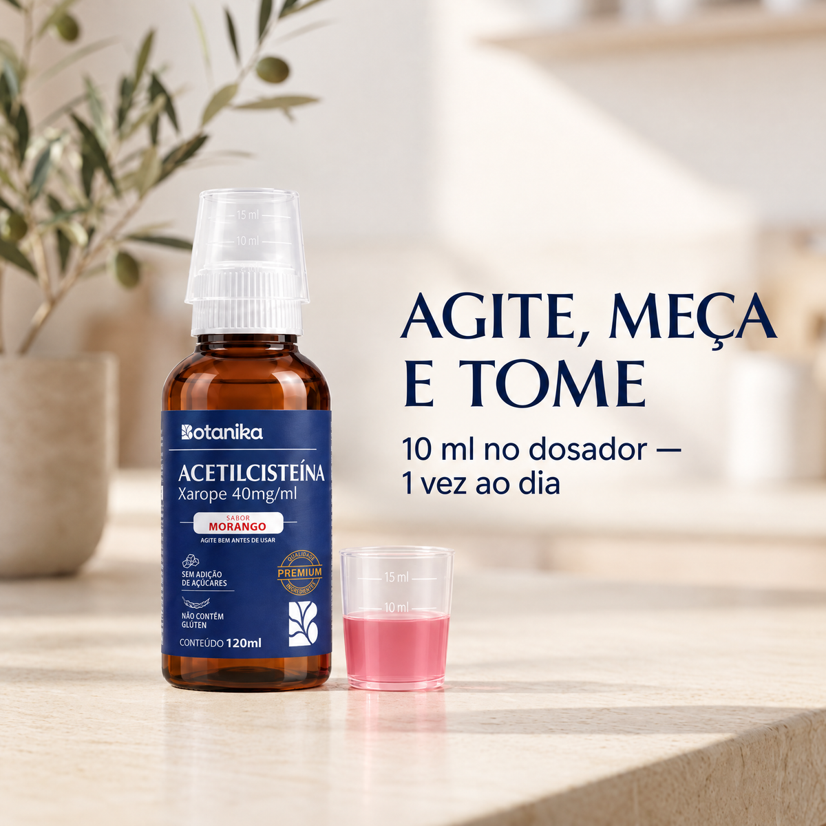 Acetilcisteína Xarope Botanika — agite, meça e tome: 10 ml 1 vez ao dia