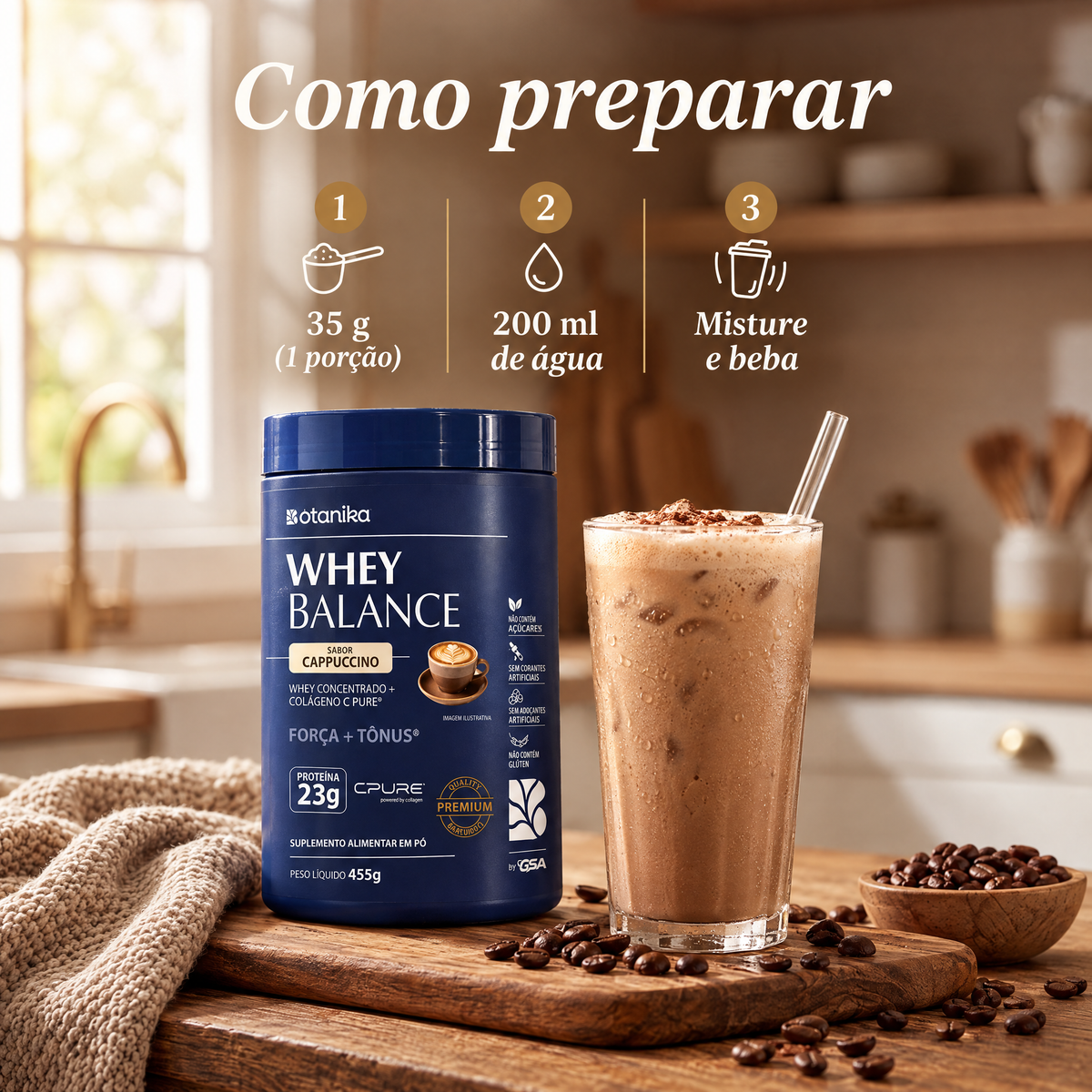 Whey Balance Cappuccino — como preparar: 35 g em 200 ml de água