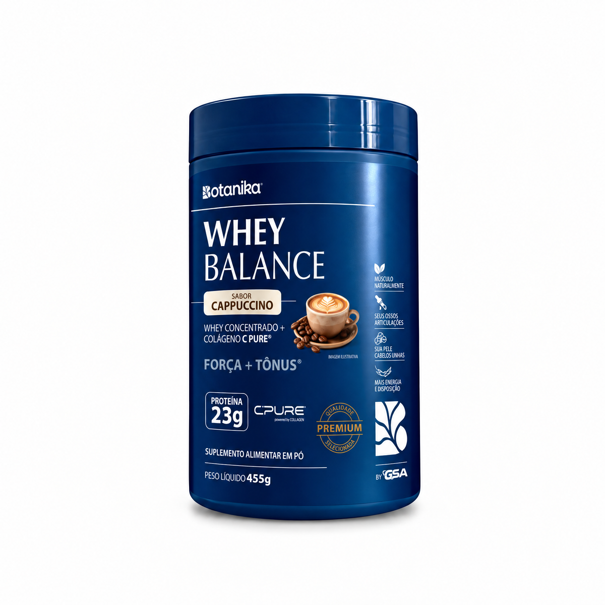Whey Balance Cappuccino Botanika — pote 455 g, packshot fundo branco