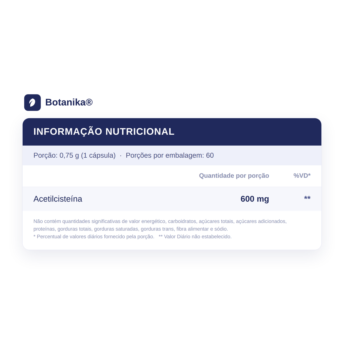 NAC Botanika — informação nutricional